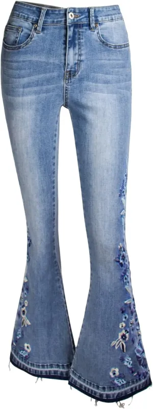 Women's Wide-Leg Denim Pants with a Stylish Floral Embroidered Bell Bottom Flare Jeans