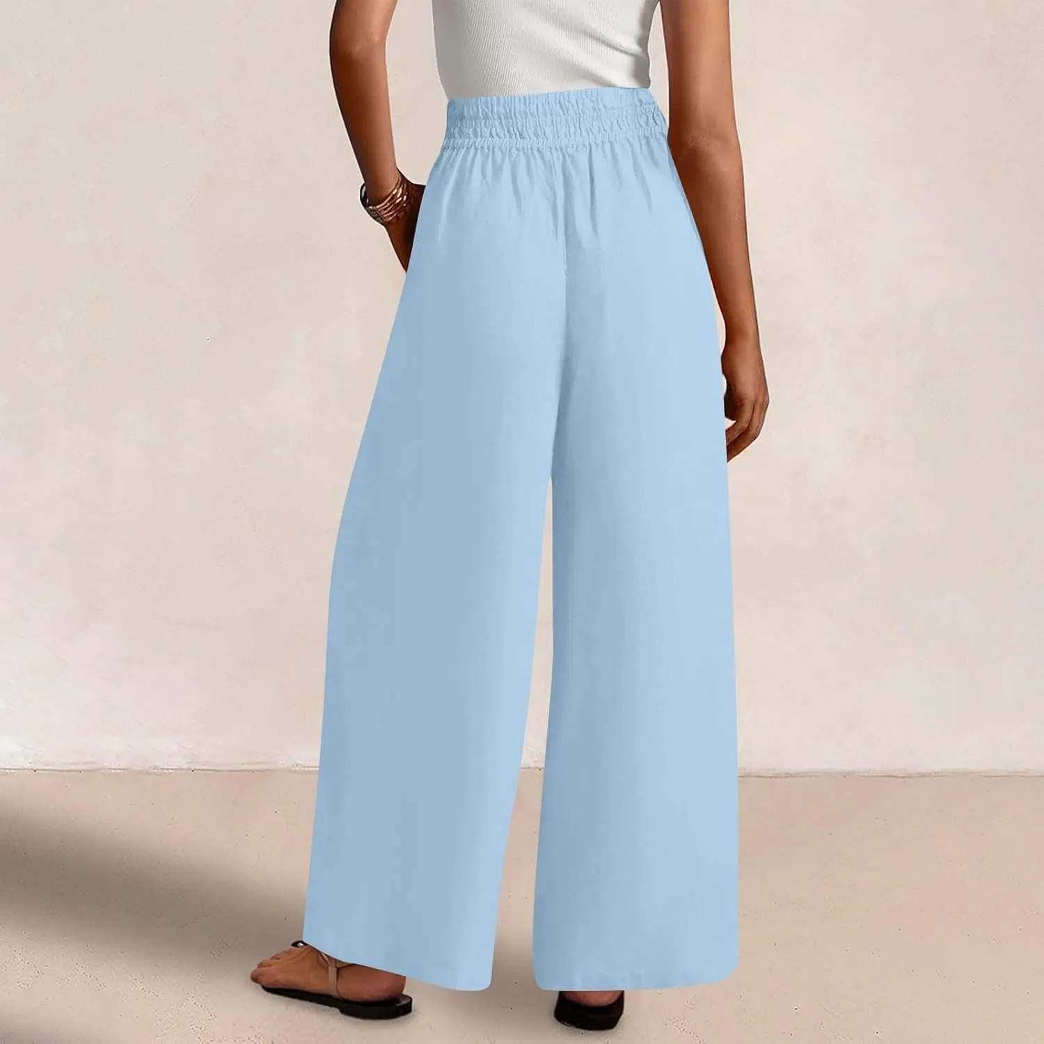 Womens Wide Leg Linen Pants 2025 Summer Casual Palazzo Pants Smocked Elastic Waist Spring Beach Trousers with Pockets