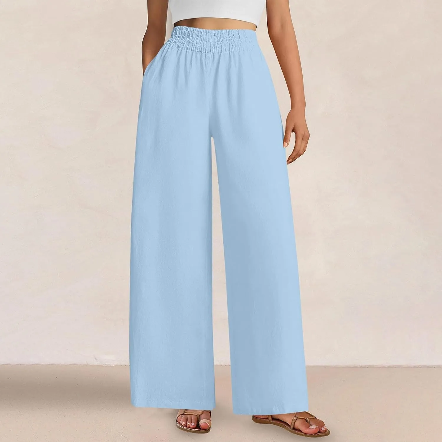 Womens Wide Leg Linen Pants 2025 Summer Casual Palazzo Pants Smocked Elastic Waist Spring Beach Trousers with Pockets