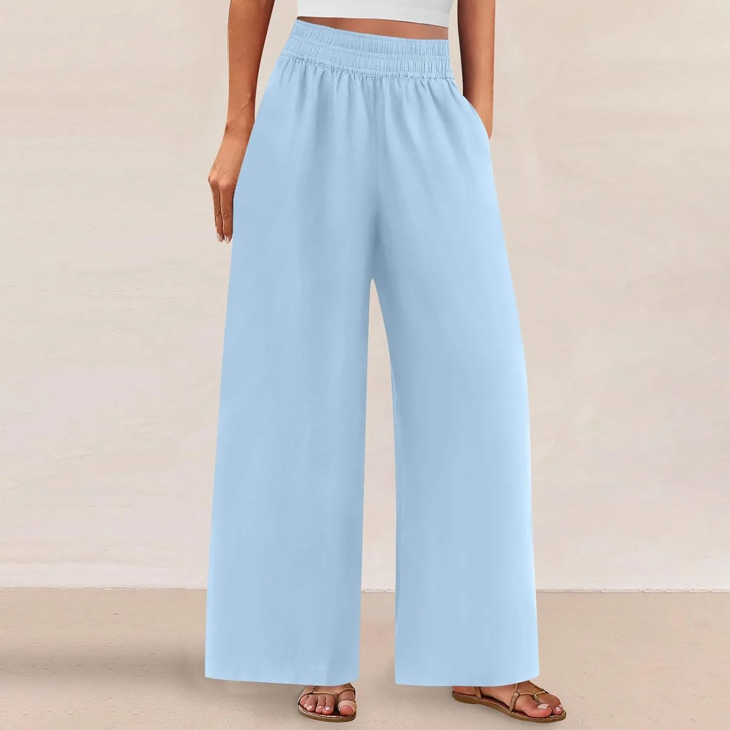 Womens Wide Leg Linen Pants 2025 Summer Casual Palazzo Pants Smocked Elastic Waist Spring Beach Trousers with Pockets