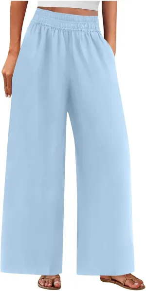 Womens Wide Leg Linen Pants 2025 Summer Casual Palazzo Pants Smocked Elastic Waist Spring Beach Trousers with Pockets