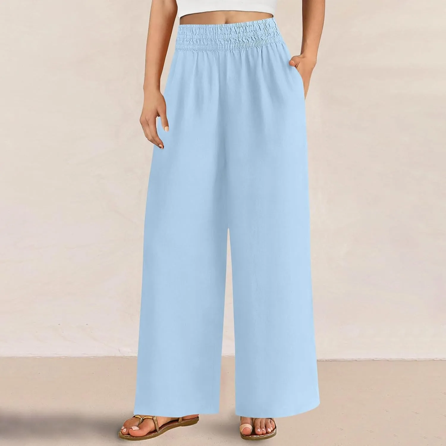 Womens Wide Leg Linen Pants 2025 Summer Casual Palazzo Pants Smocked Elastic Waist Spring Beach Trousers with Pockets