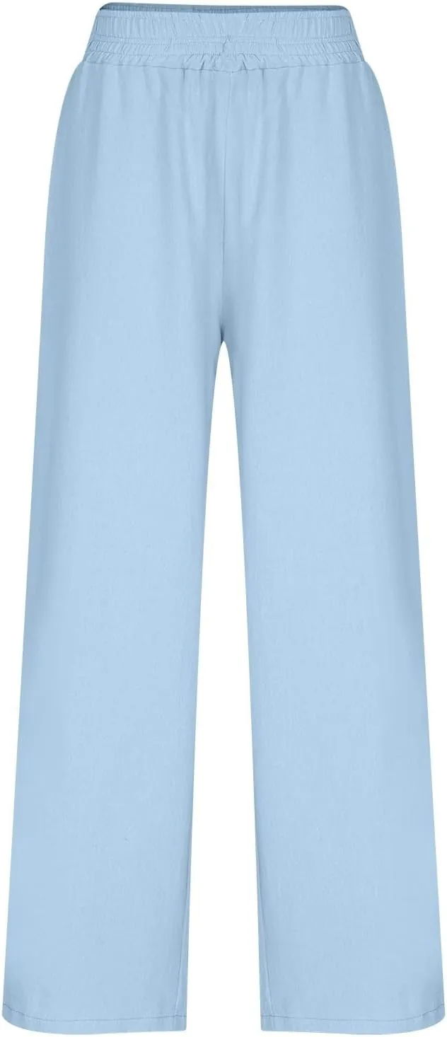 Womens Wide Leg Linen Pants 2025 Summer Casual Palazzo Pants Smocked Elastic Waist Spring Beach Trousers with Pockets