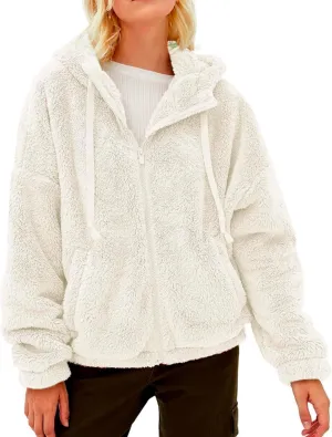 Womens Winter Fashion Sherpa Jacket Fleece Warm Drawstring Hoodie Outwear Zip Pockets Plush Sweatshirt Thick Fuzzy Coat