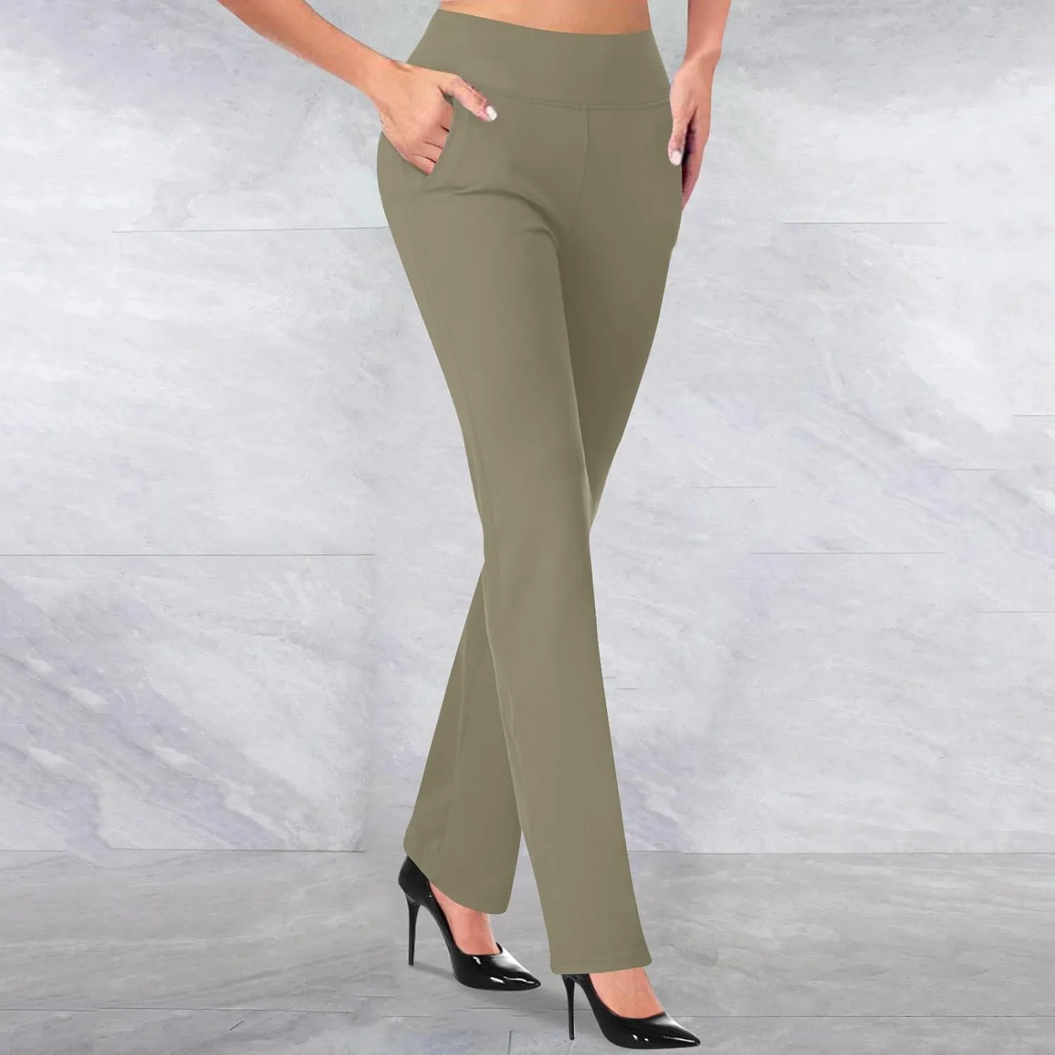 Womens Yoga Dress Pants Tretchy Pull On Straight Leg Business Casual Pants Dressy Slacks Dress Pants for Office Work