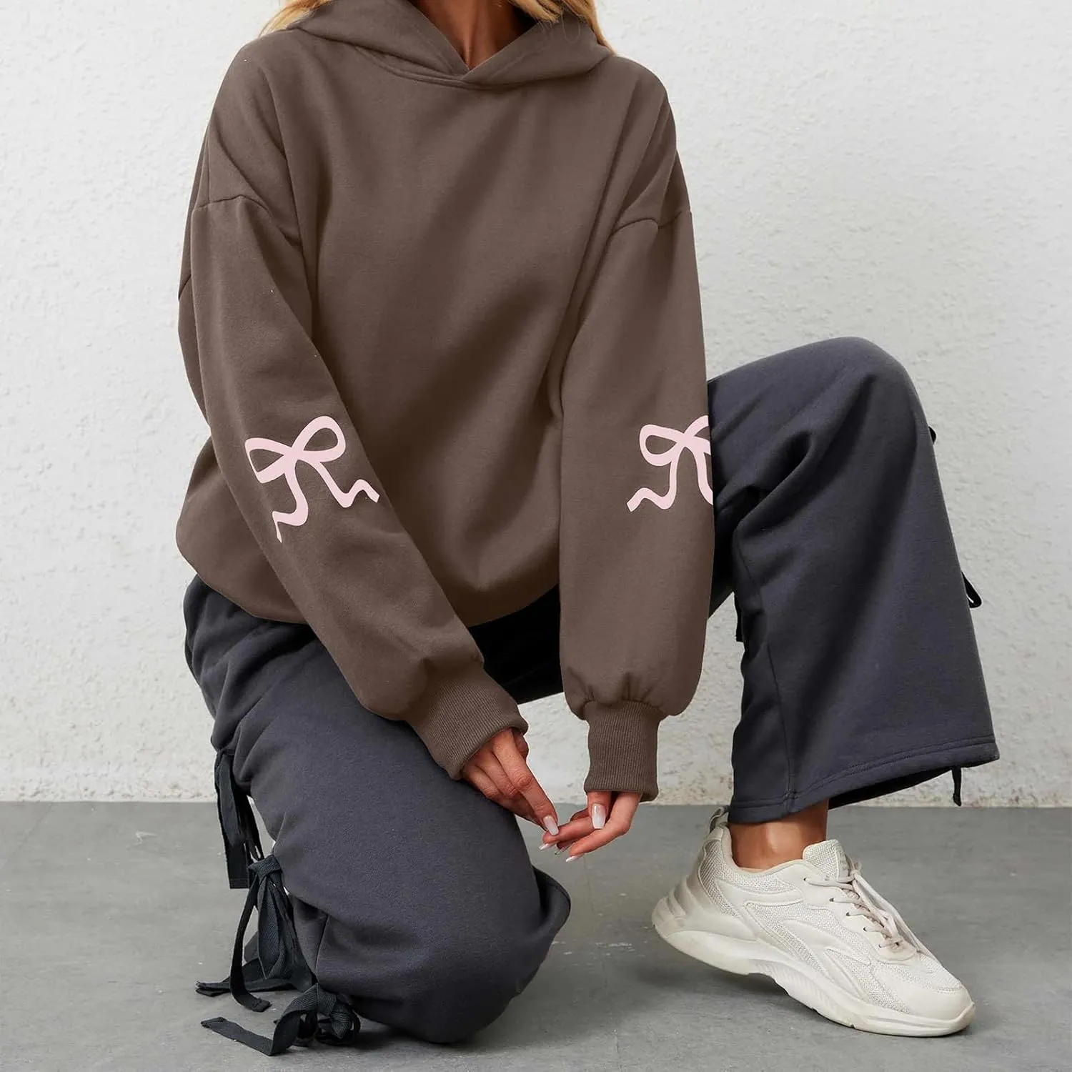 XBTCLXEBCO Bow Print Hoodies for Women Oversized Long Sleeve Drop Shoulder Hooded Sweatshirt Y2K Aesthetic Pullover Tops