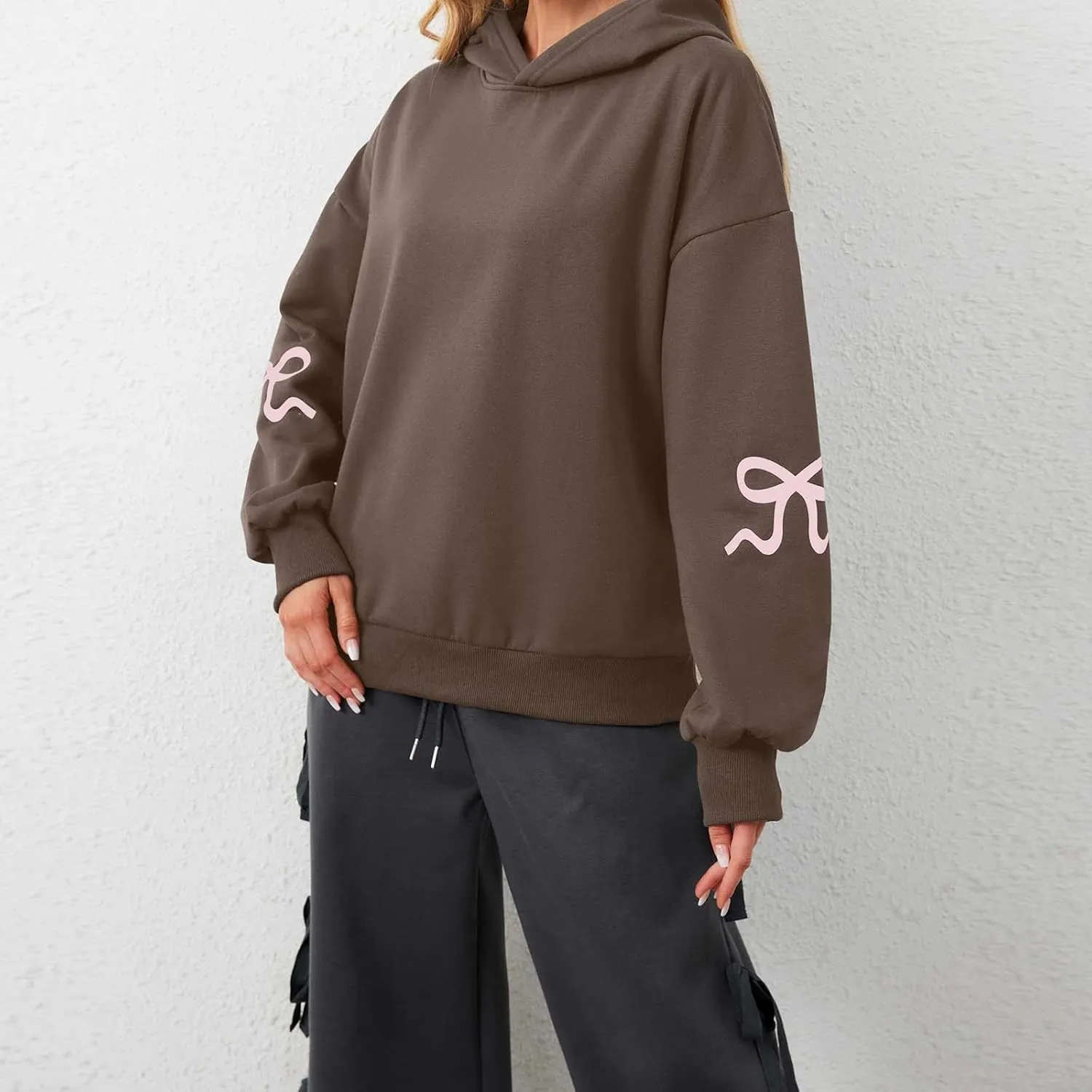 XBTCLXEBCO Bow Print Hoodies for Women Oversized Long Sleeve Drop Shoulder Hooded Sweatshirt Y2K Aesthetic Pullover Tops