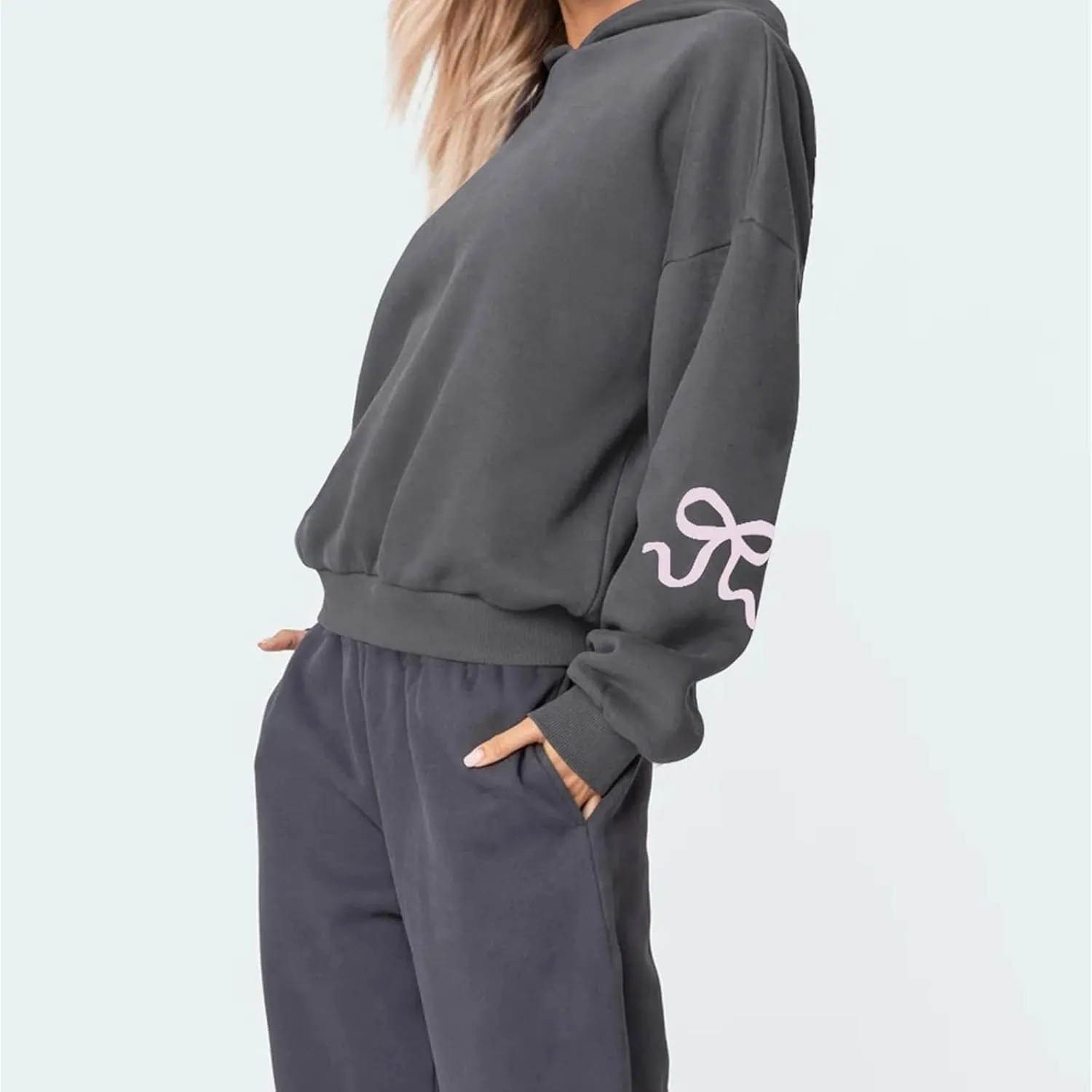 XBTCLXEBCO Bow Print Hoodies for Women Oversized Long Sleeve Drop Shoulder Hooded Sweatshirt Y2K Aesthetic Pullover Tops
