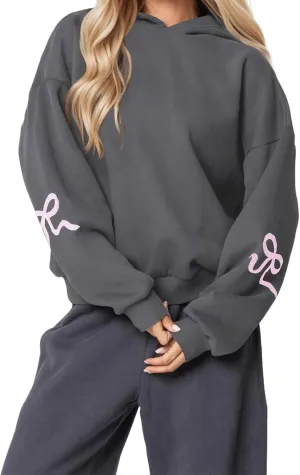 XBTCLXEBCO Bow Print Hoodies for Women Oversized Long Sleeve Drop Shoulder Hooded Sweatshirt Y2K Aesthetic Pullover Tops