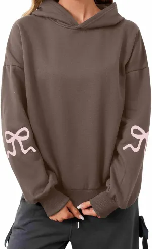 XBTCLXEBCO Bow Print Hoodies for Women Oversized Long Sleeve Drop Shoulder Hooded Sweatshirt Y2K Aesthetic Pullover Tops