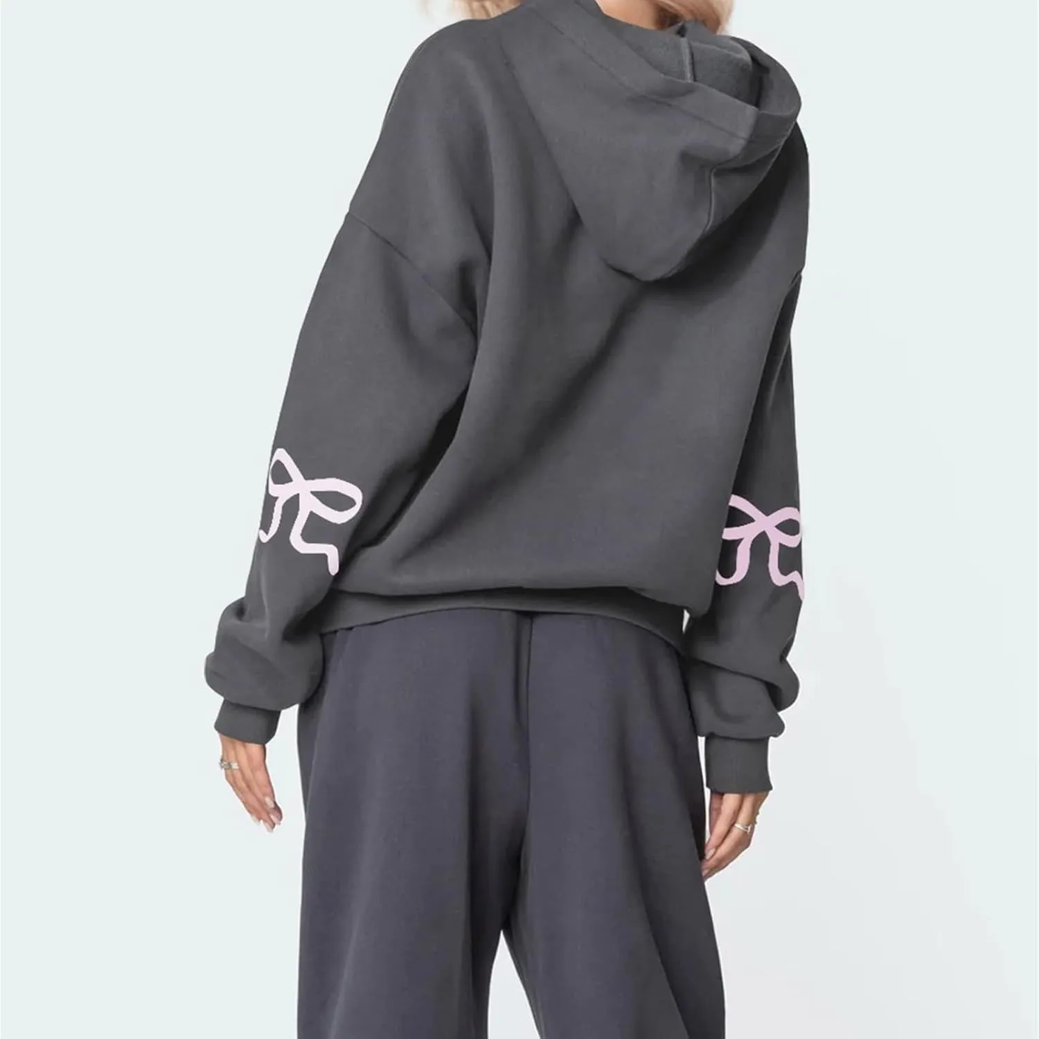 XBTCLXEBCO Bow Print Hoodies for Women Oversized Long Sleeve Drop Shoulder Hooded Sweatshirt Y2K Aesthetic Pullover Tops