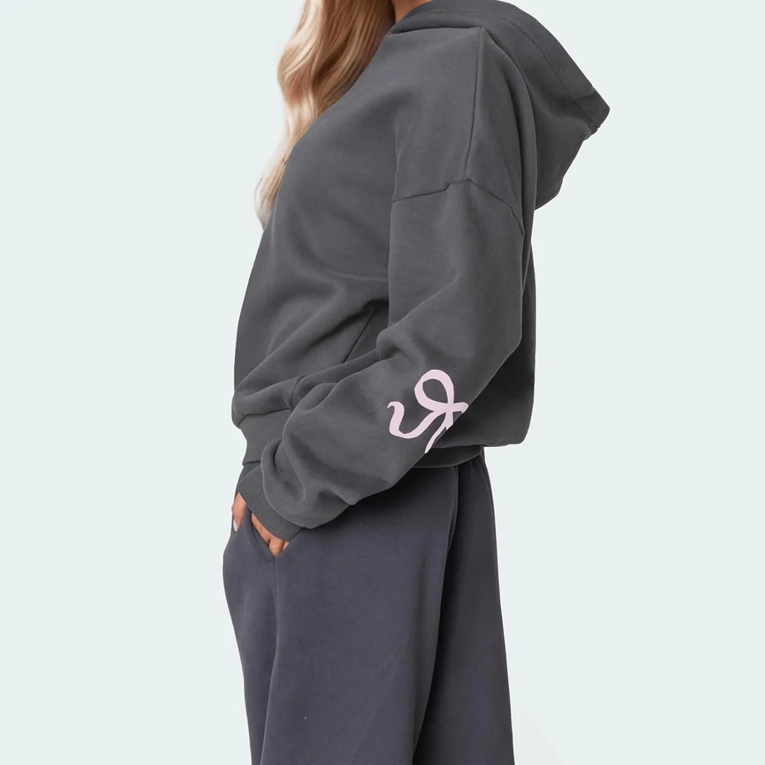 XBTCLXEBCO Bow Print Hoodies for Women Oversized Long Sleeve Drop Shoulder Hooded Sweatshirt Y2K Aesthetic Pullover Tops