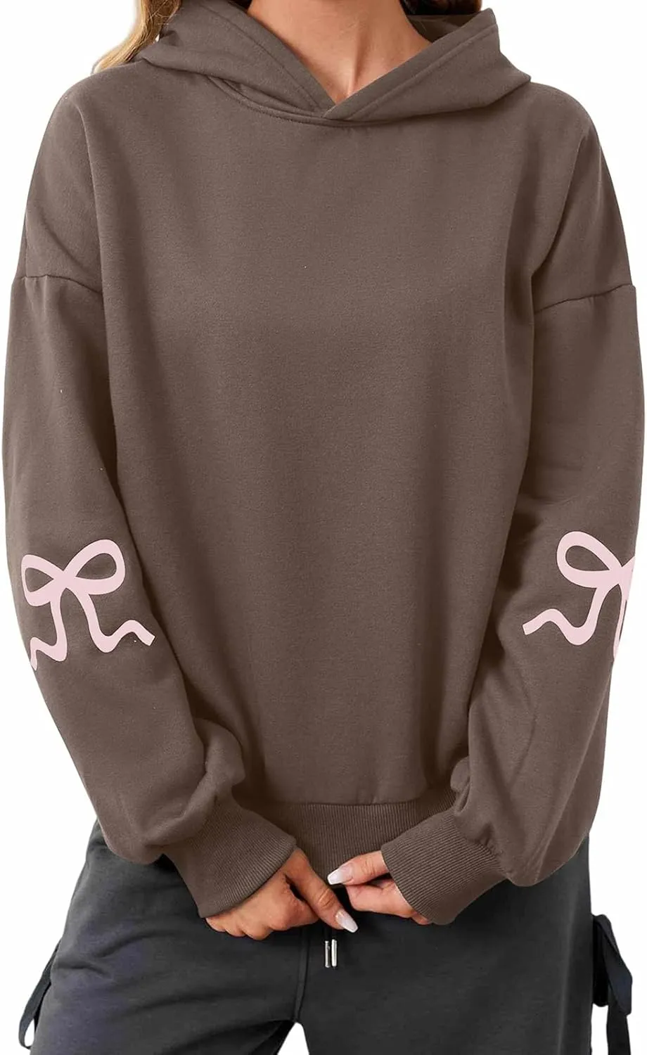 XBTCLXEBCO Bow Print Hoodies for Women Oversized Long Sleeve Drop Shoulder Hooded Sweatshirt Y2K Aesthetic Pullover Tops