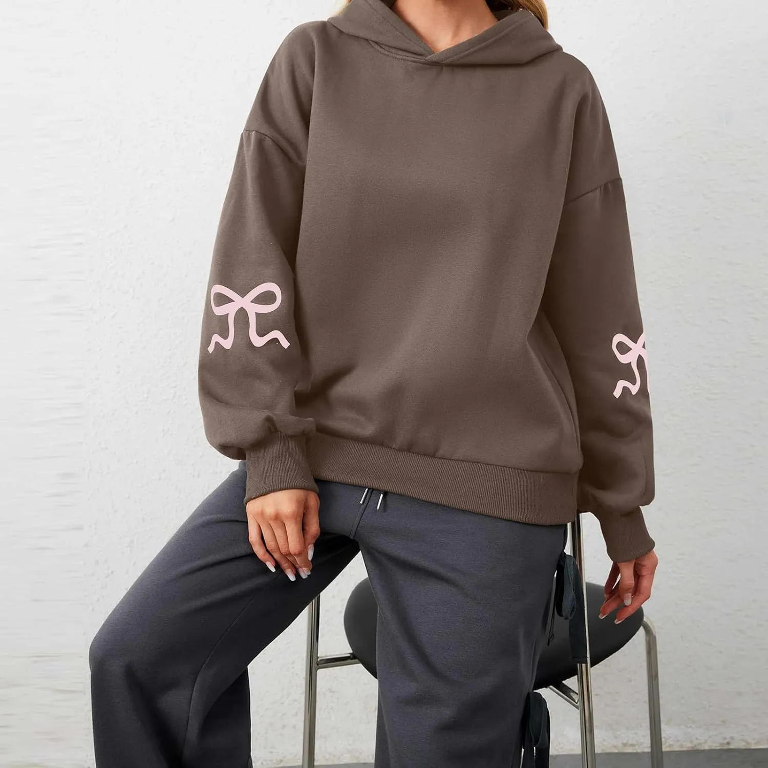 XBTCLXEBCO Bow Print Hoodies for Women Oversized Long Sleeve Drop Shoulder Hooded Sweatshirt Y2K Aesthetic Pullover Tops