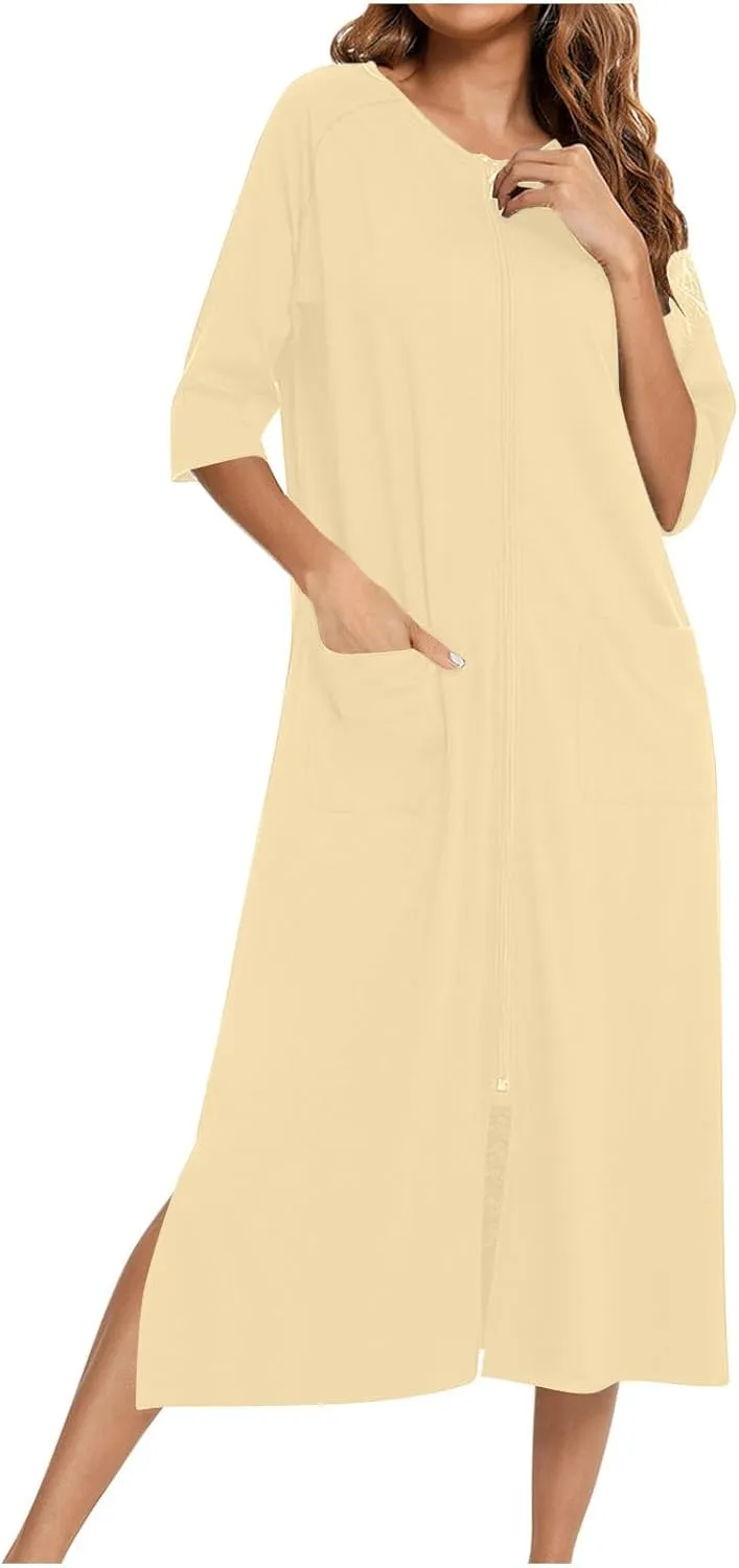 Xiaojmake Women's Zip Up Housecoat Zipper Front Robes Lightweight Short Sleeve Round Neck Loungewear Nightgowns with Pockets