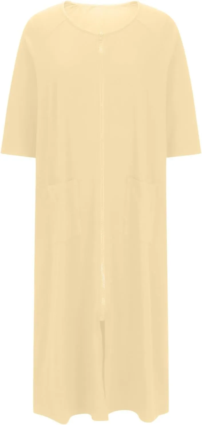 Xiaojmake Women's Zip Up Housecoat Zipper Front Robes Lightweight Short Sleeve Round Neck Loungewear Nightgowns with Pockets