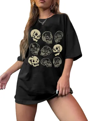 Y2K Moon Skull Skeleton Oversized T Shirt Halloween Funny Graphic Vintage Tees for Women Casua Loose Tops…
