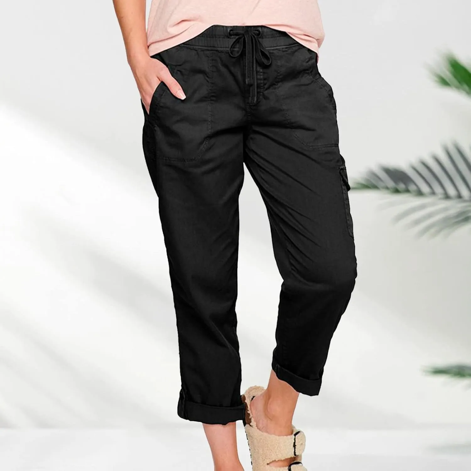 Yoga Dress Pants for Women Casual Work Business Pants Elastic Waist Plaid Pants Solid Color Travel Trousers