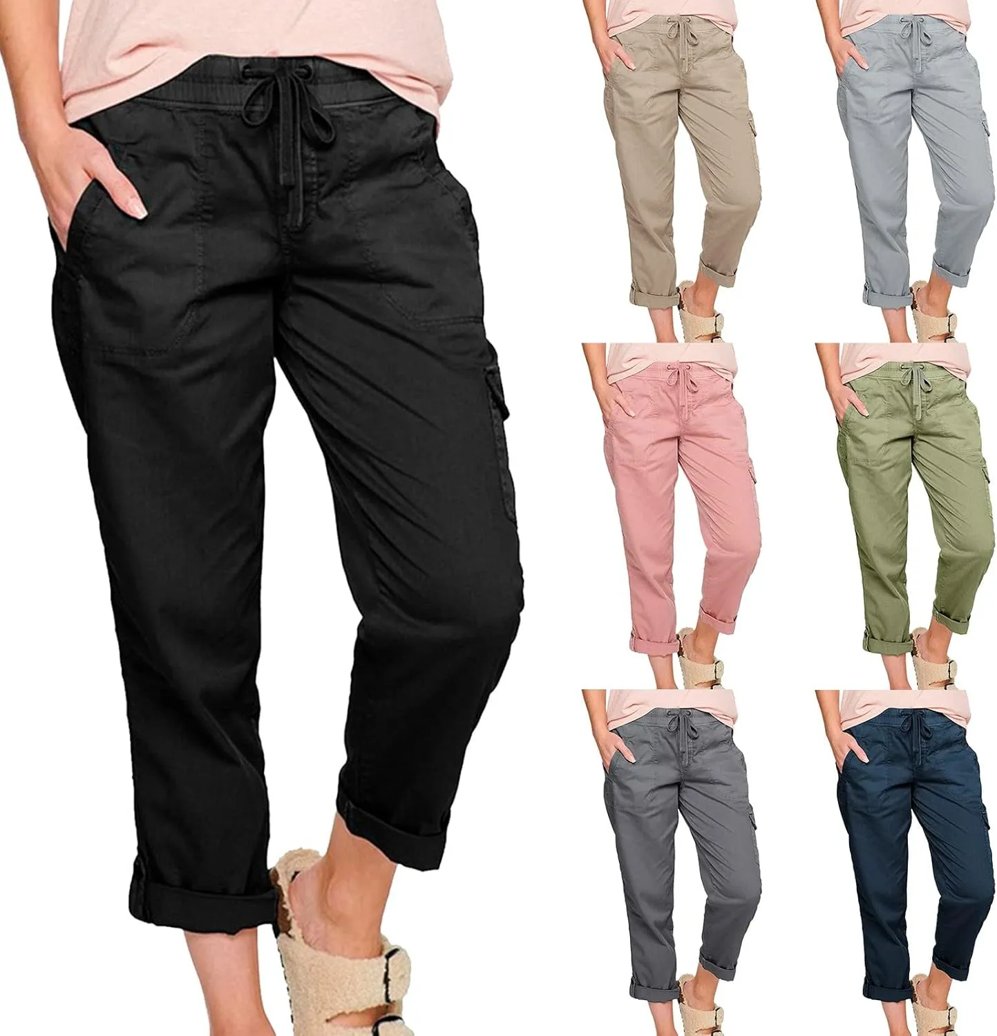 Yoga Dress Pants for Women Casual Work Business Pants Elastic Waist Plaid Pants Solid Color Travel Trousers