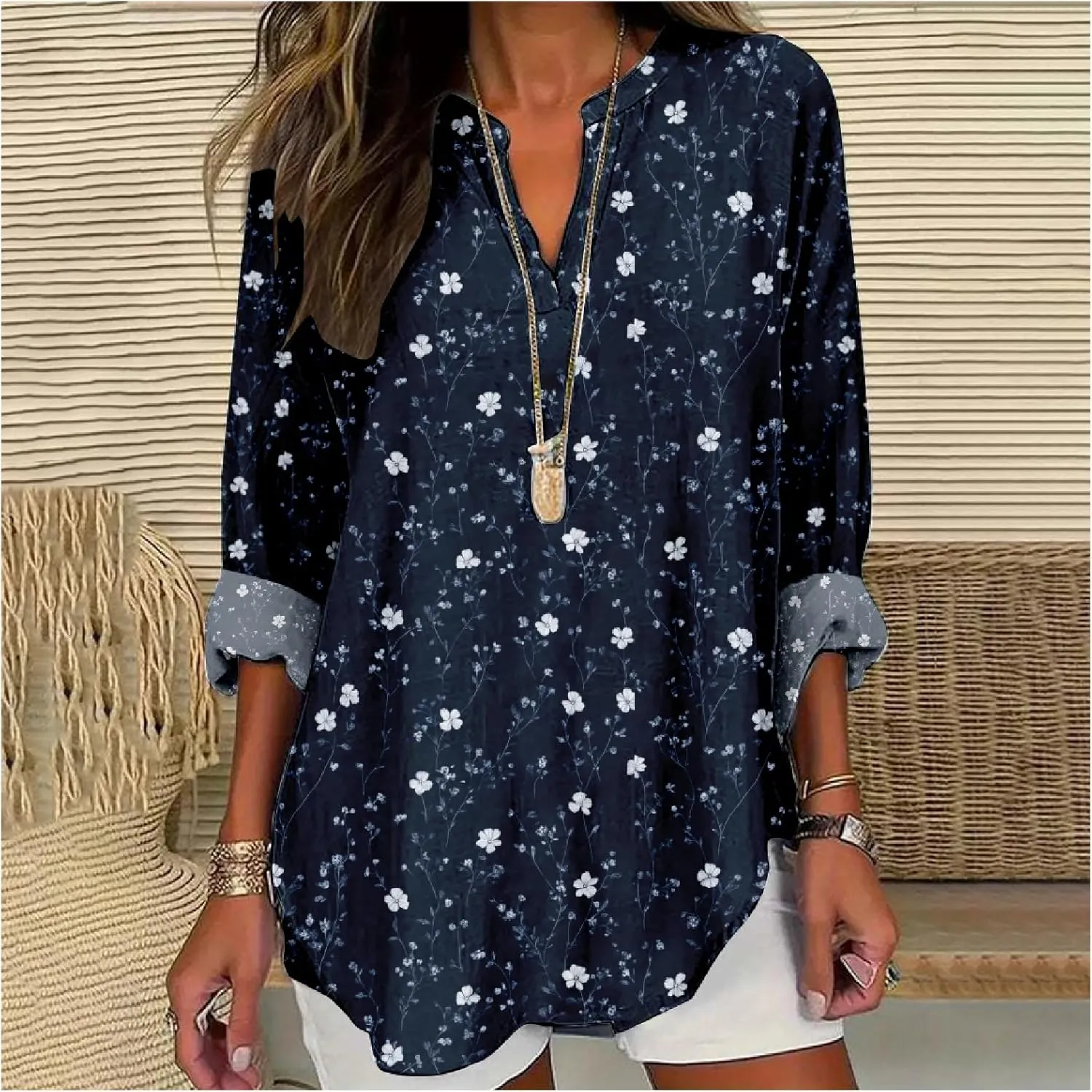 ZOCAVIA Women's Boho Floral Printed Shirts Blouses Long Sleeve Casual Loose Plus Size Beach Vacation Tunic Tops