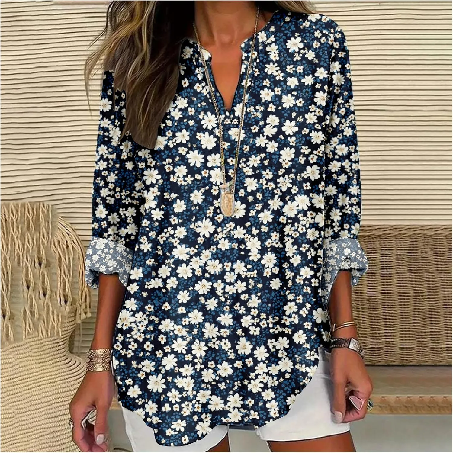 ZOCAVIA Women's Boho Floral Printed Shirts Blouses Long Sleeve Casual Loose Plus Size Beach Vacation Tunic Tops
