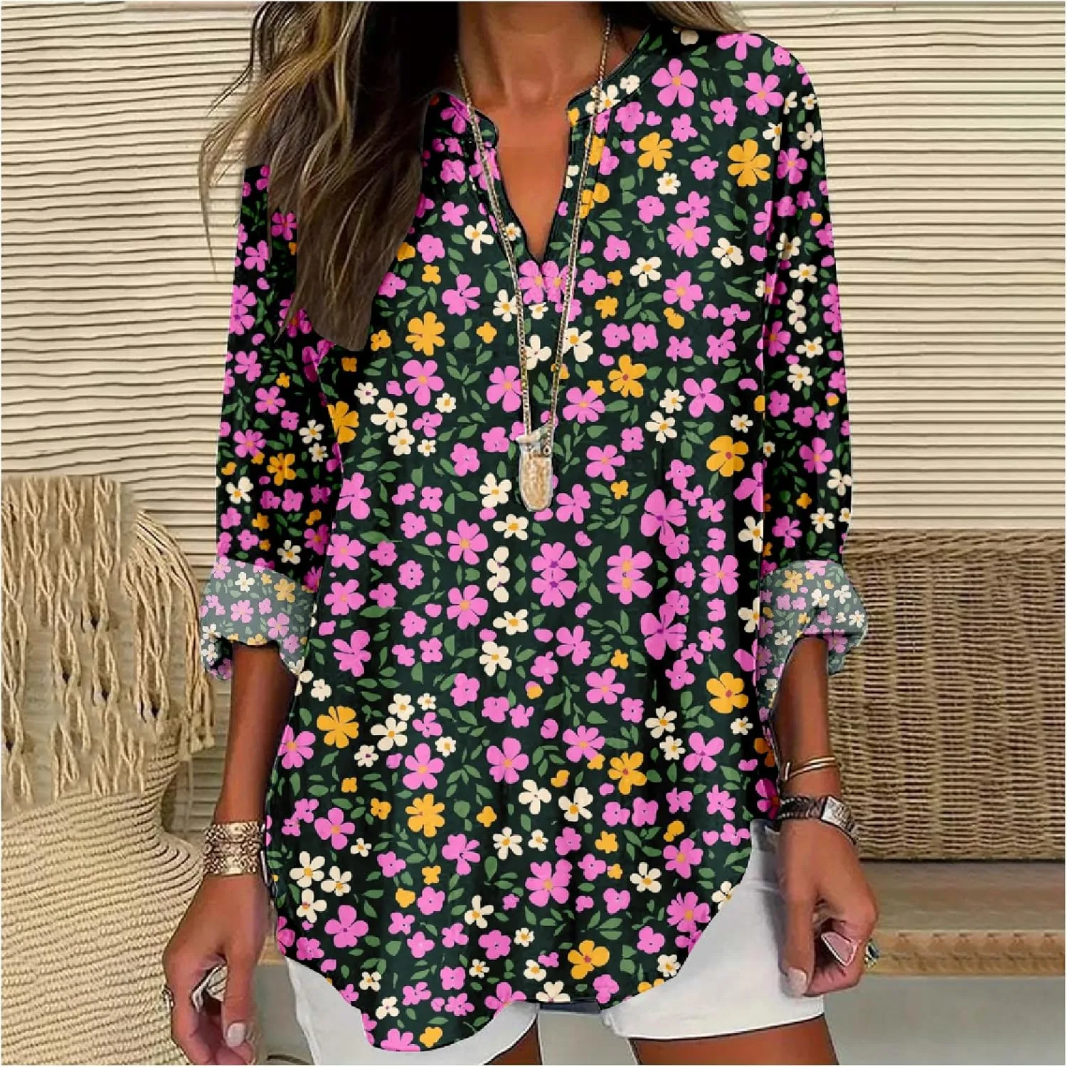 ZOCAVIA Women's Boho Floral Printed Shirts Blouses Long Sleeve Casual Loose Plus Size Beach Vacation Tunic Tops