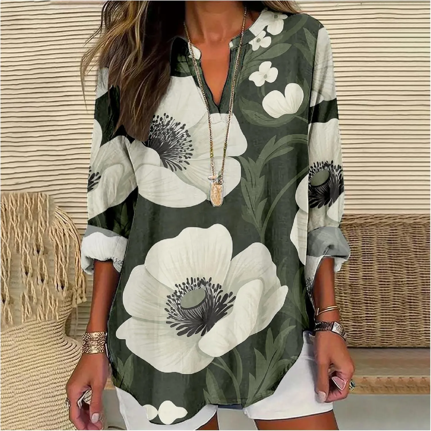 ZOCAVIA Women's Boho Floral Printed Shirts Blouses Long Sleeve Casual Loose Plus Size Beach Vacation Tunic Tops