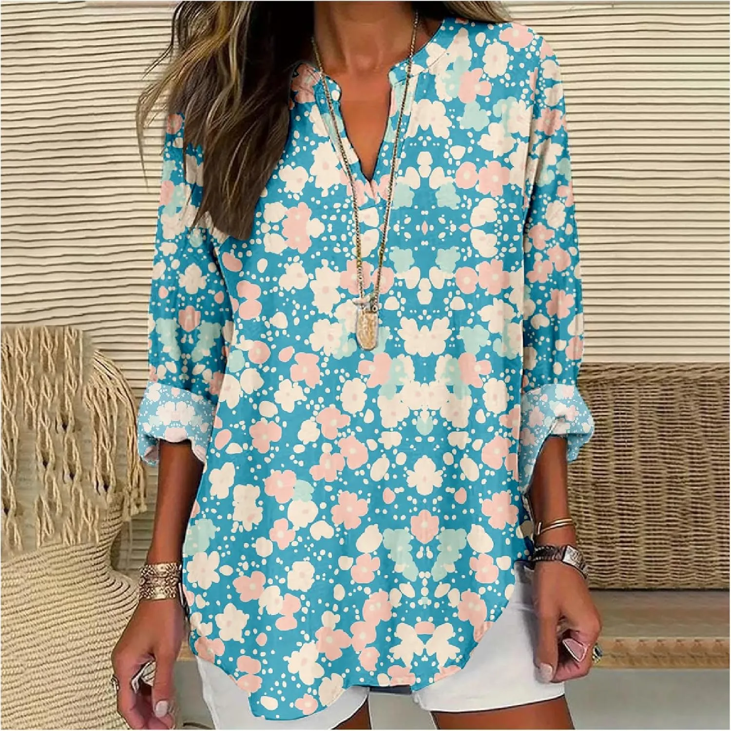 ZOCAVIA Women's Boho Floral Printed Shirts Blouses Long Sleeve Casual Loose Plus Size Beach Vacation Tunic Tops