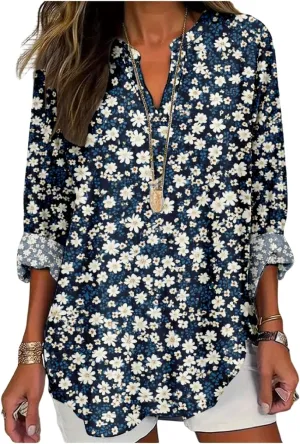 ZOCAVIA Women's Boho Floral Printed Shirts Blouses Long Sleeve Casual Loose Plus Size Beach Vacation Tunic Tops