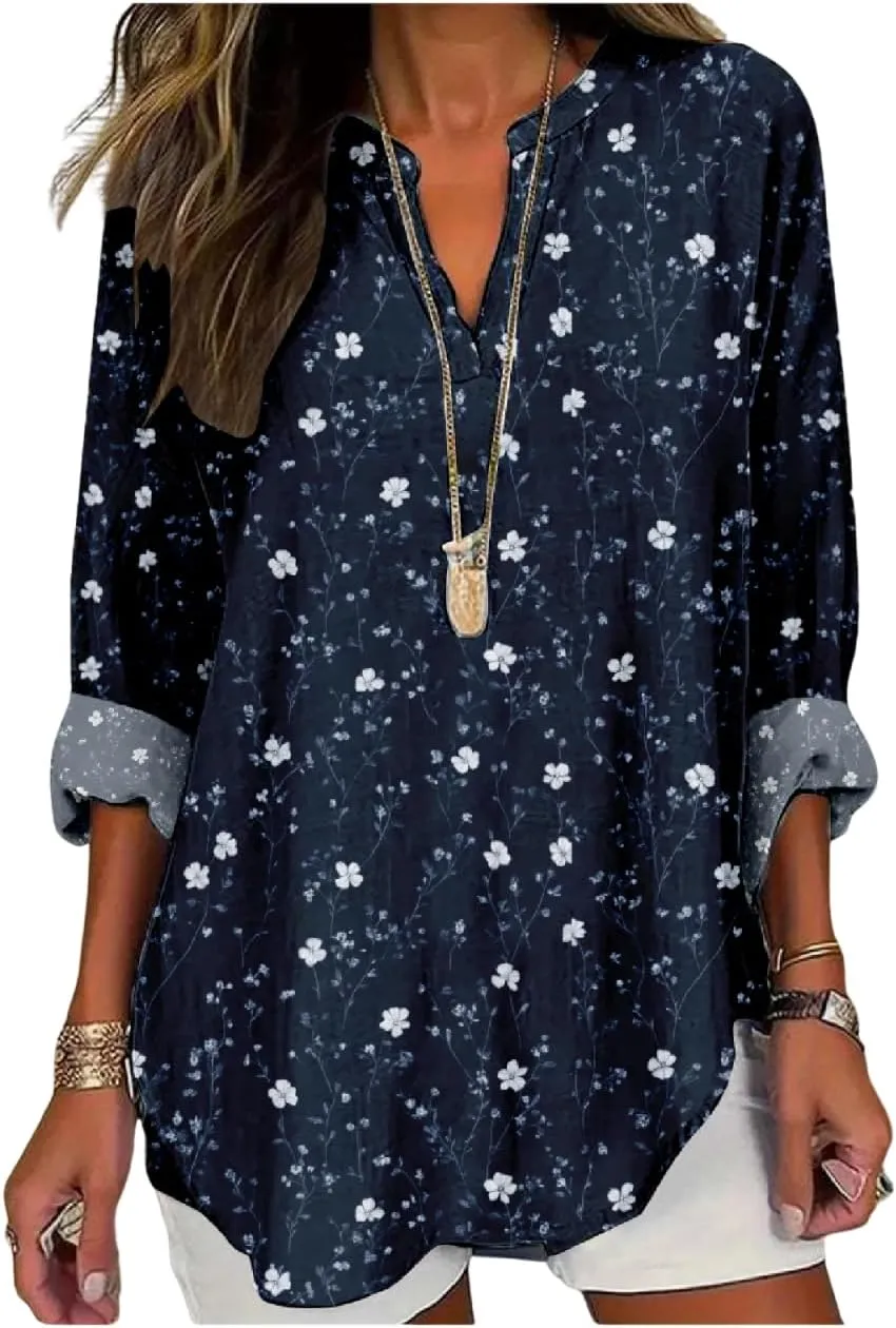 ZOCAVIA Women's Boho Floral Printed Shirts Blouses Long Sleeve Casual Loose Plus Size Beach Vacation Tunic Tops