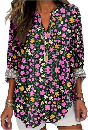 ZOCAVIA Women's Boho Floral Printed Shirts Blouses Long Sleeve Casual Loose Plus Size Beach Vacation Tunic Tops