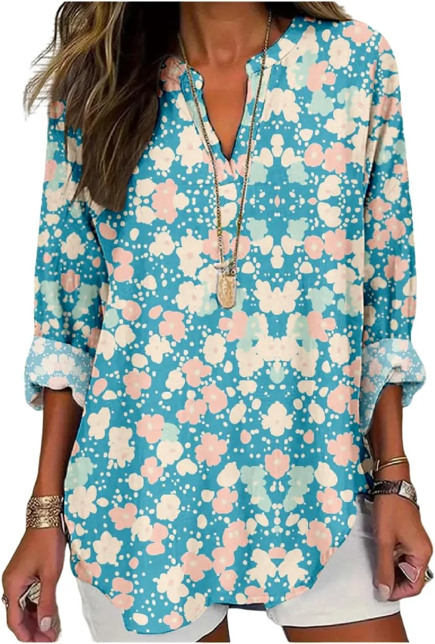 ZOCAVIA Women's Boho Floral Printed Shirts Blouses Long Sleeve Casual Loose Plus Size Beach Vacation Tunic Tops