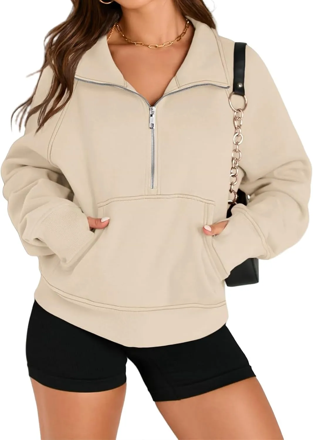 ZWRXW Womens Oversized Half Zip Sweatshirts Long Sleeve Stand Collared Solid Pullover Fall Fashion Fleece Outfits with Pocket