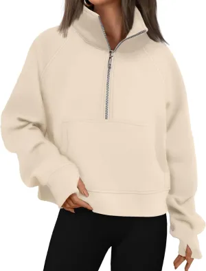 ZWRXW Womens Oversized Half Zip Sweatshirts Long Sleeve Stand Collared Solid Pullover Fall Fashion Fleece Outfits with Pocket