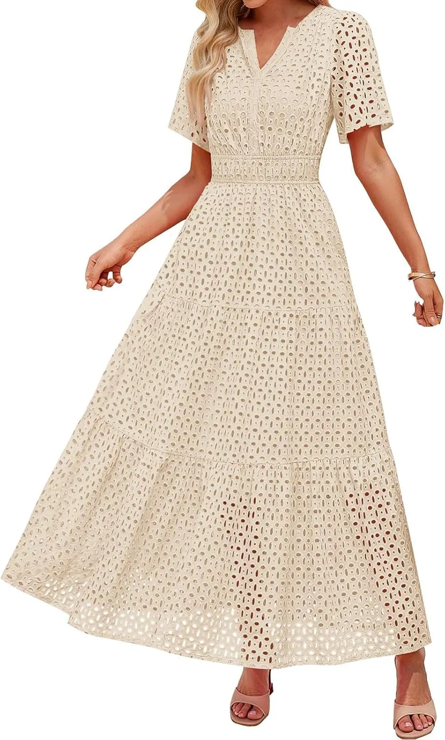 ZYXTIM Eyelet Dresses for Women 2025 Short Sleeve Casual A Line Boho Maxi Dress V Neck Fashion Summer Beach Vacation Sundress