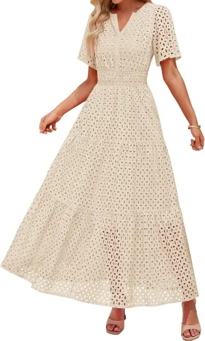 ZYXTIM Eyelet Dresses for Women 2025 Short Sleeve Casual A Line Boho Maxi Dress V Neck Fashion Summer Beach Vacation Sundress