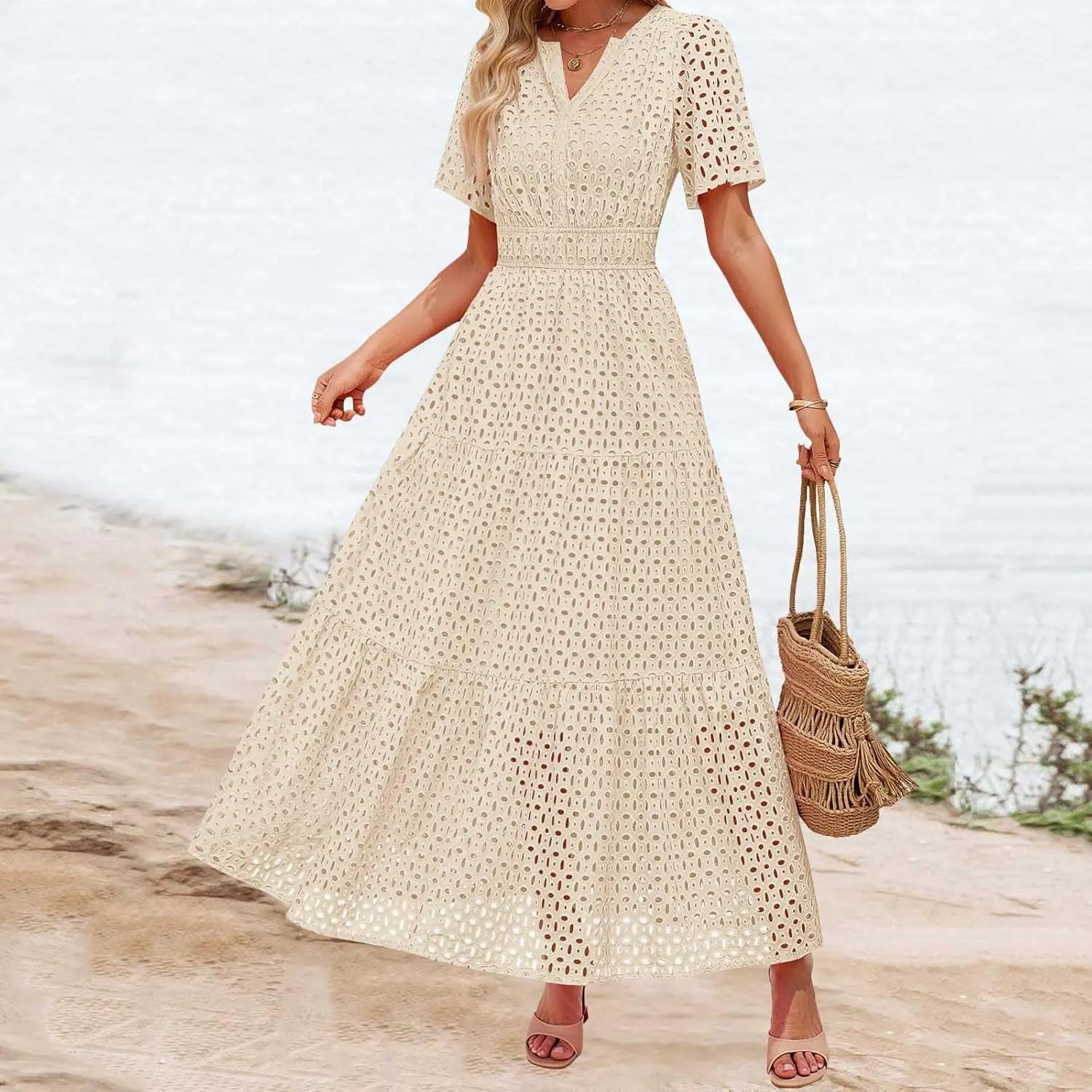 ZYXTIM Eyelet Dresses for Women 2025 Short Sleeve Casual A Line Boho Maxi Dress V Neck Fashion Summer Beach Vacation Sundress