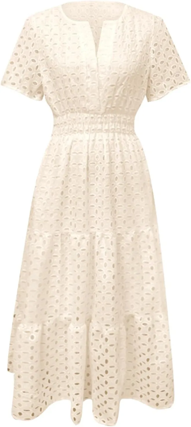 ZYXTIM Eyelet Dresses for Women 2025 Short Sleeve Casual A Line Boho Maxi Dress V Neck Fashion Summer Beach Vacation Sundress