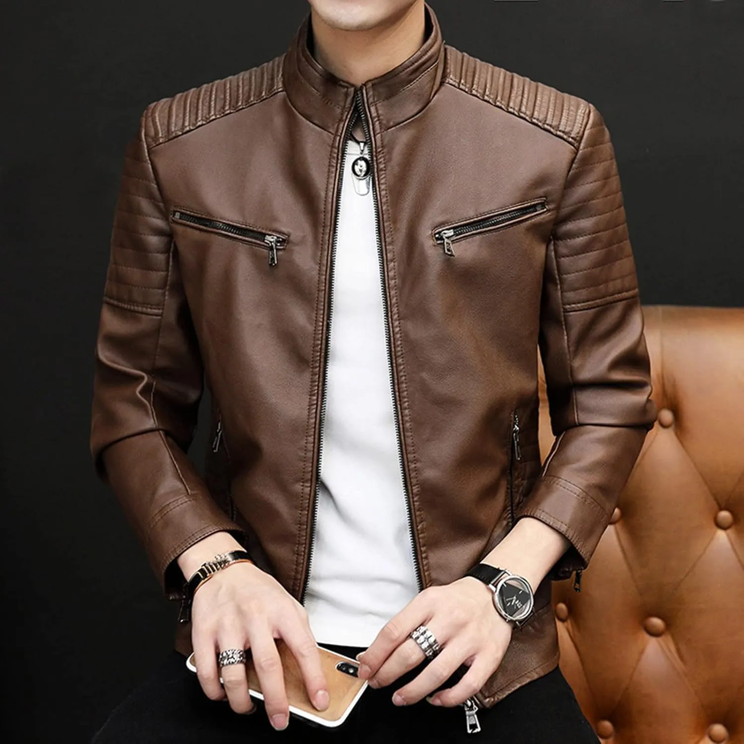 ZYXTIM Men's Faux PU Leather Jacket Casual Band Collar Motorcycle Biker Jacket Ripstop Insulated Softshell Jacket Coat