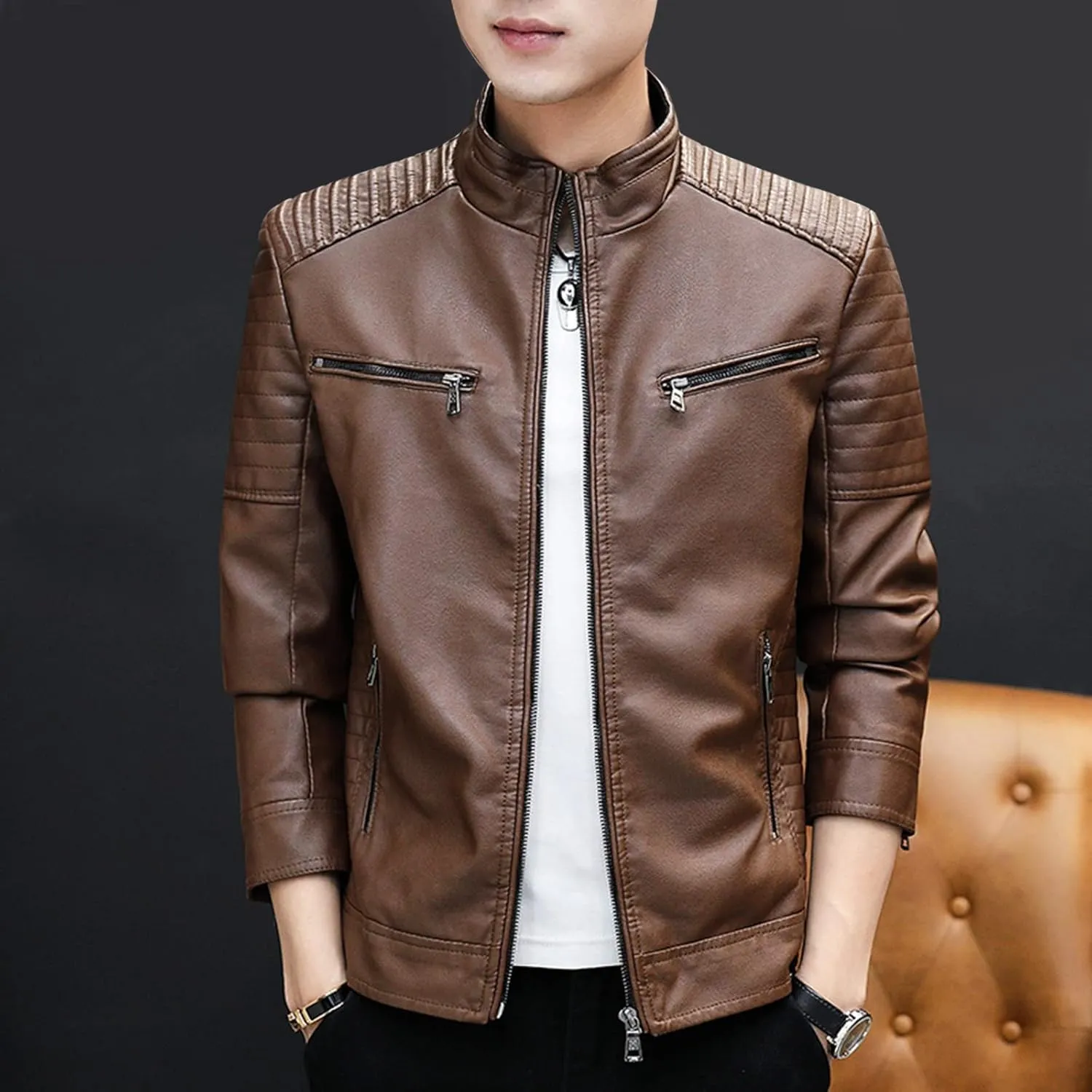 ZYXTIM Men's Faux PU Leather Jacket Casual Band Collar Motorcycle Biker Jacket Ripstop Insulated Softshell Jacket Coat