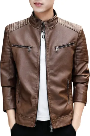 ZYXTIM Men's Faux PU Leather Jacket Casual Band Collar Motorcycle Biker Jacket Ripstop Insulated Softshell Jacket Coat