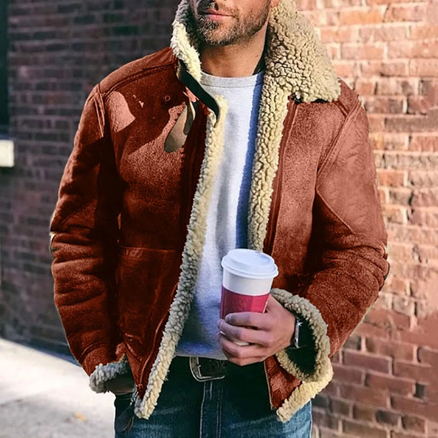 ZYXTIM Men's Suede Bomber Jackets Lapel Fleece Sherpa Lined Warm Trucker Jacket Oversized Zipper Heavyweight Trench Coat