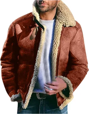 ZYXTIM Men's Suede Bomber Jackets Lapel Fleece Sherpa Lined Warm Trucker Jacket Oversized Zipper Heavyweight Trench Coat