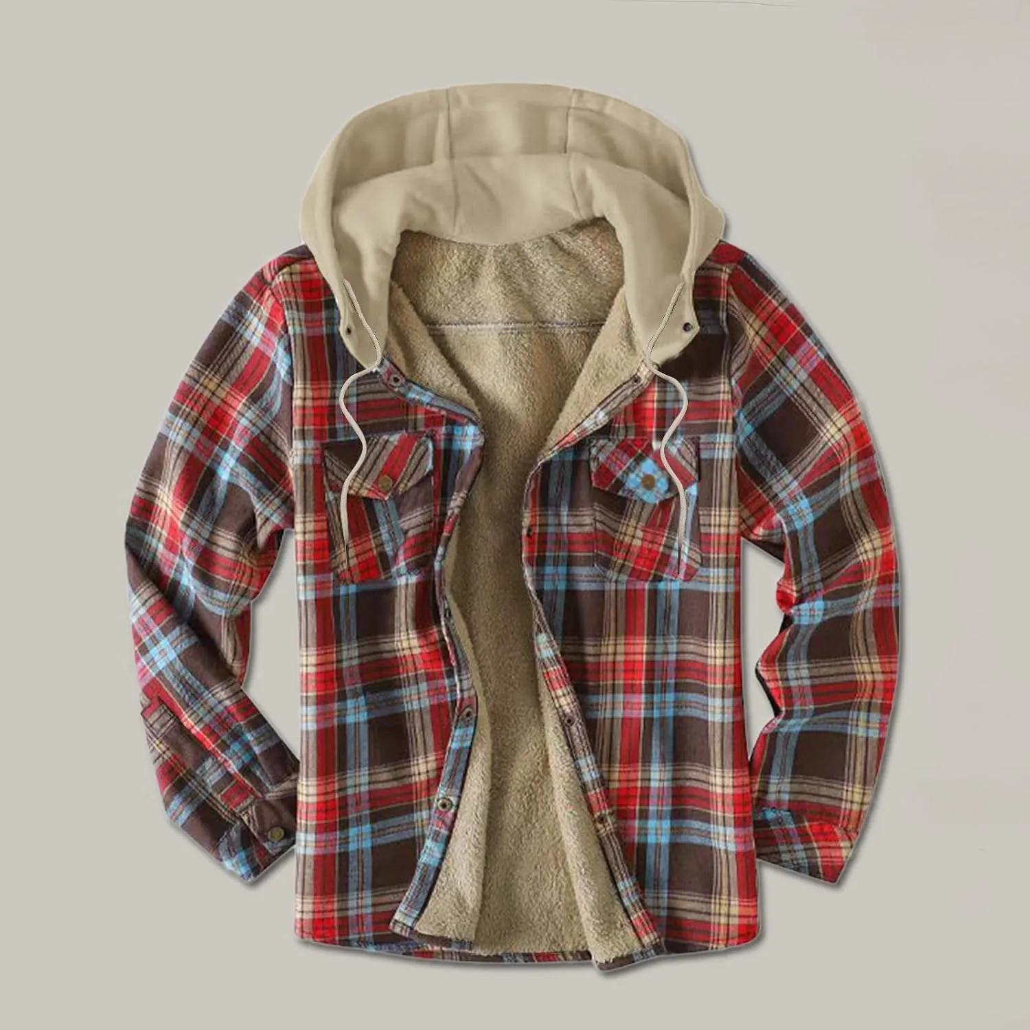 ZYXTIM Warm Winter Jackets for Men with Hooded Long Sleeve Quilted Lined Flannel Plaid Shirt Jacket with Pockets