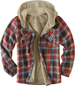 ZYXTIM Warm Winter Jackets for Men with Hooded Long Sleeve Quilted Lined Flannel Plaid Shirt Jacket with Pockets