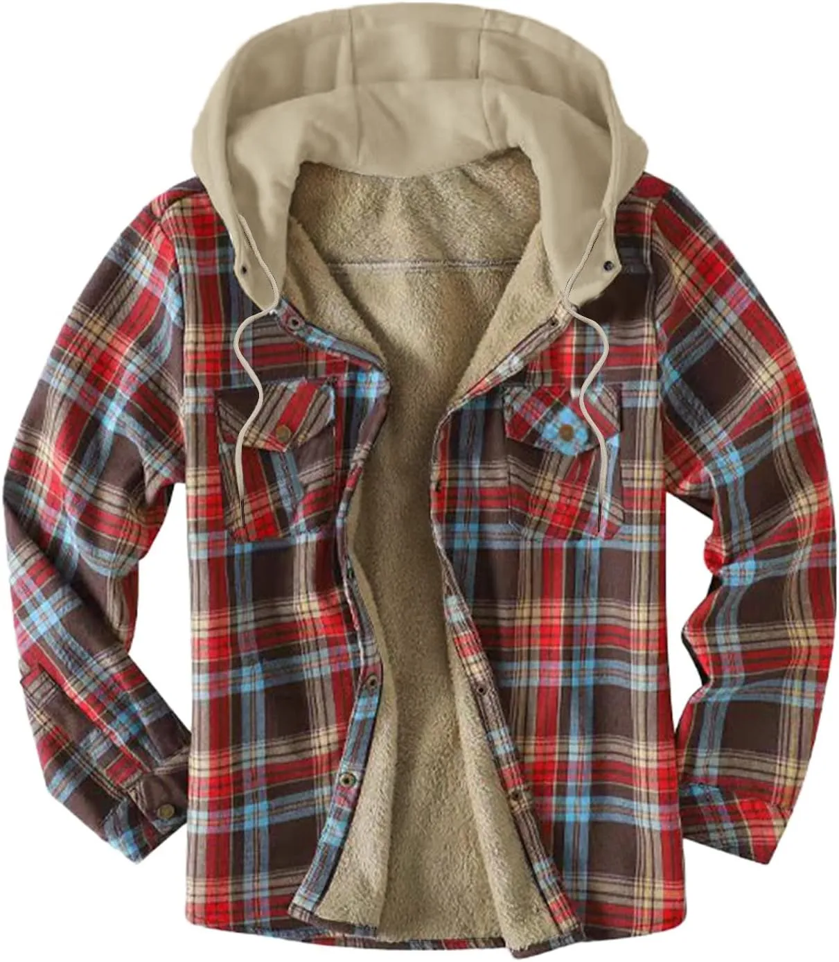ZYXTIM Warm Winter Jackets for Men with Hooded Long Sleeve Quilted Lined Flannel Plaid Shirt Jacket with Pockets